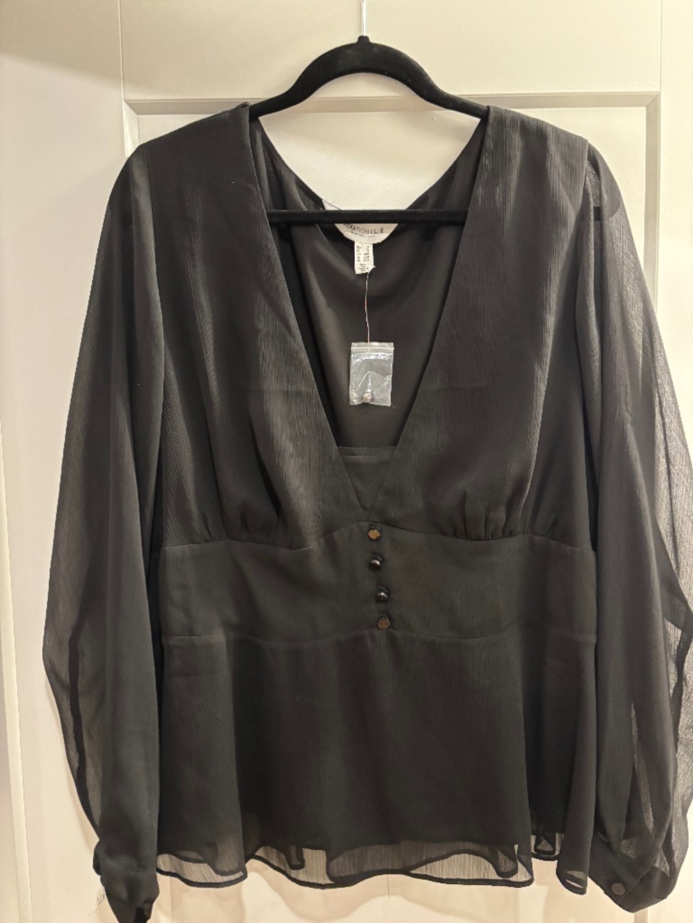Addition Elle Black Sheer V-Neck Long Sleeve Blouse Plus Size